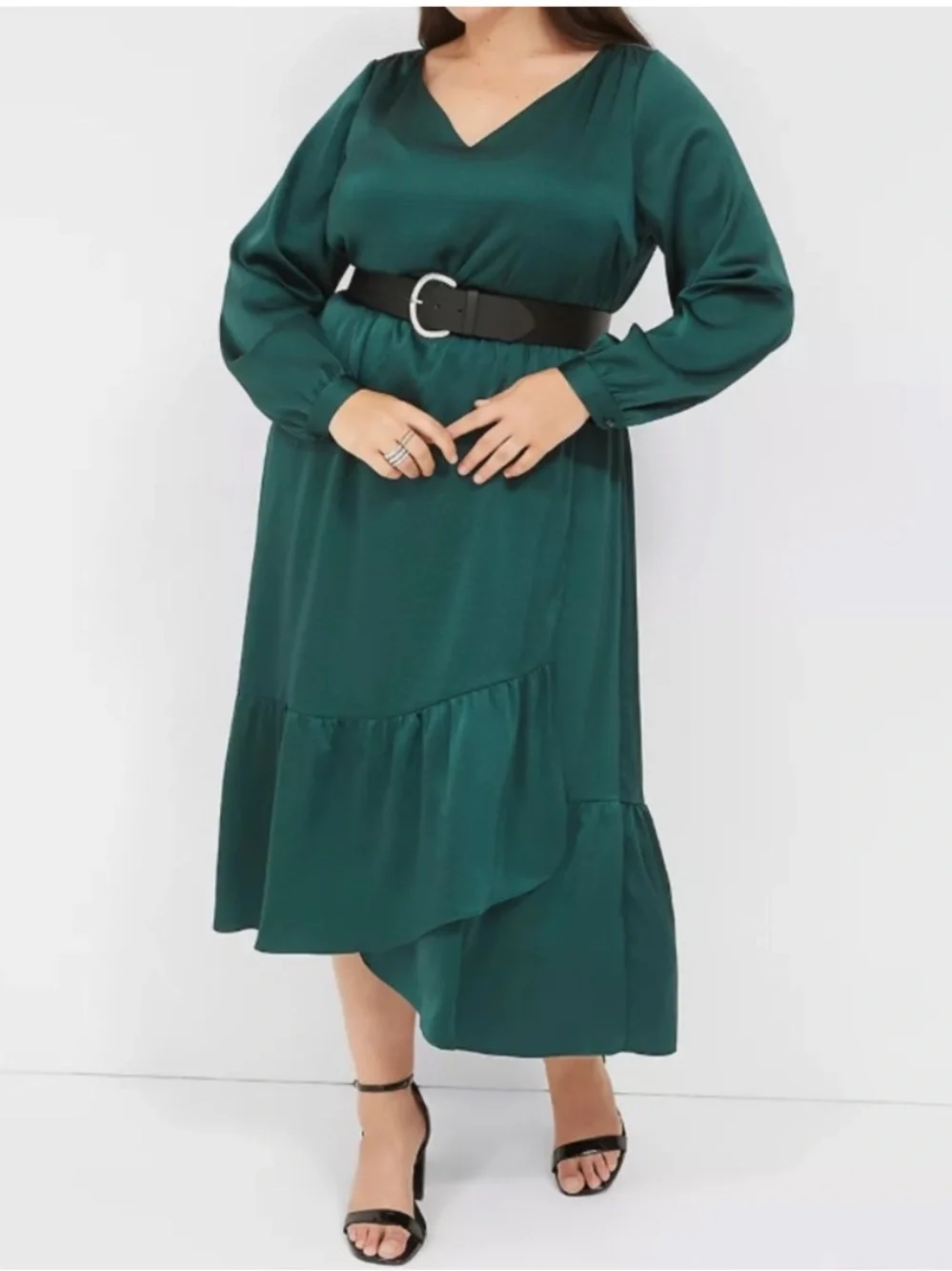 Lane Bryant V-Neck Long Sleeve Midi Dress with Tie Waist - Emerald Green sz 18
